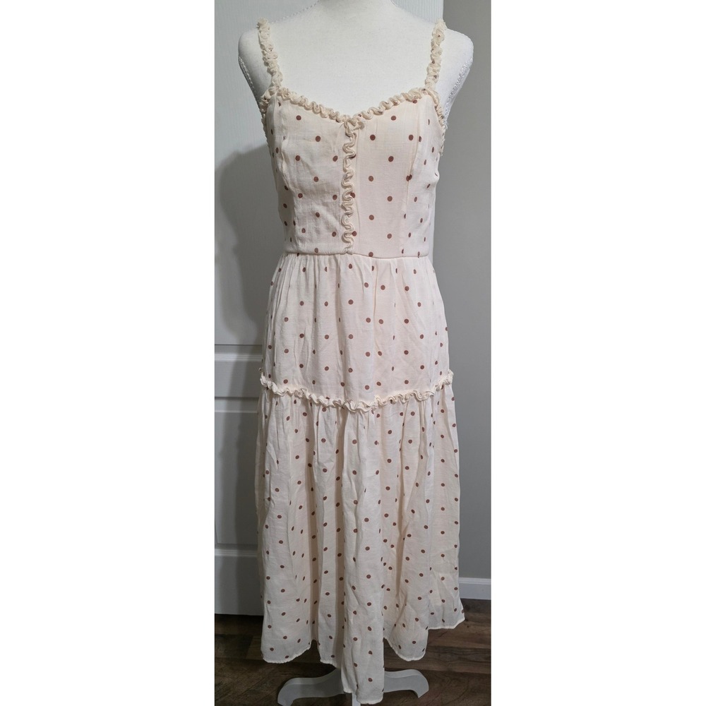 Midi Dress Women M Cream Rust Polka Dot Ruffle Tiered Smocked Back Boho Western